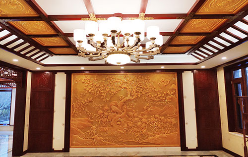 华安中式别墅客厅中式木作横梁吊顶装饰展示